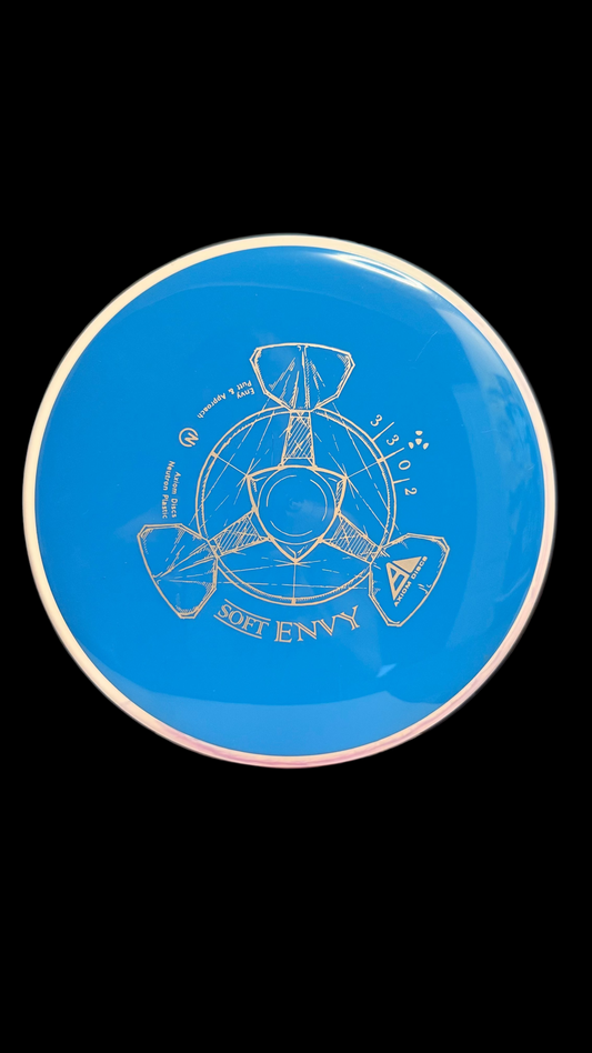 Soft Envy putt and approach disc in blue Neutron Soft plastic with white rim, showing flight numbers 3 | 3 | 0 | 2.
