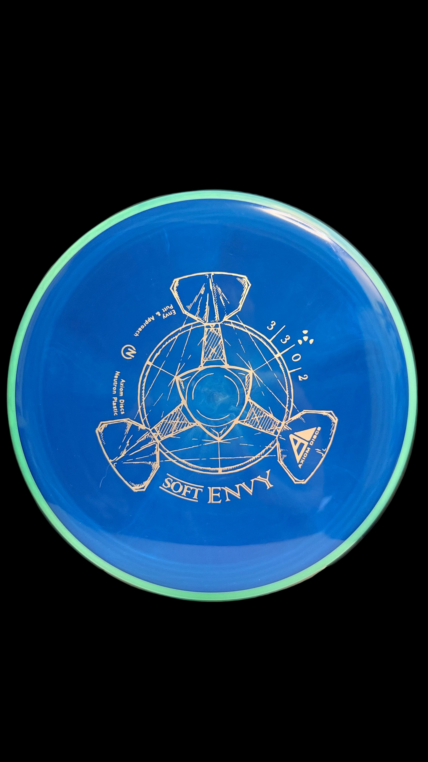Soft Envy blue Neutron putt and approach disc with aqua rim featuring the Axiom tri-blade stamp and 3 | 3 | 0 | 2 flight numbers.