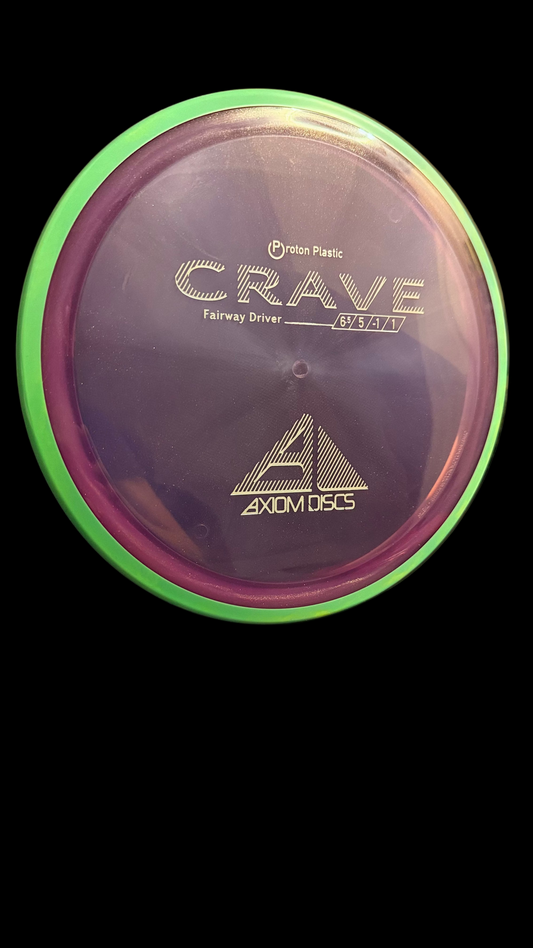 Purple Axiom Proton Crave fairway driver with green rim — disc golf driver with flight numbers 6.5 | 5 | -1 | 1.