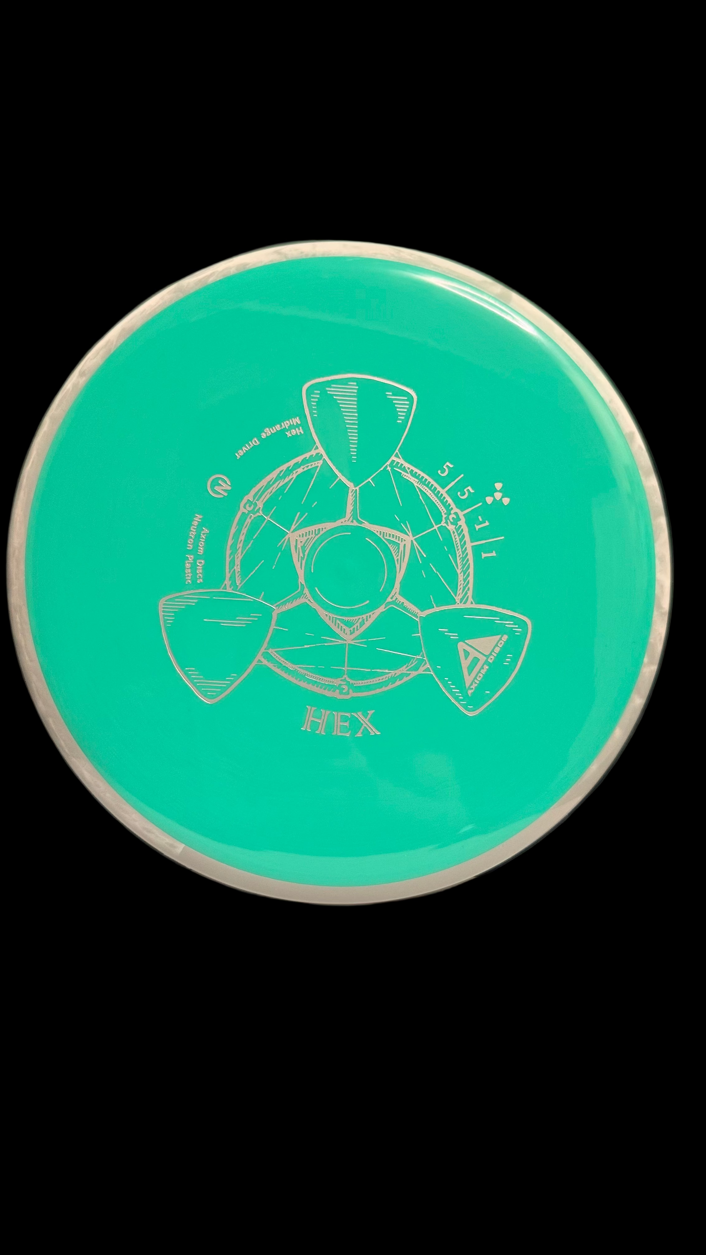 Axiom Neutron Hex midrange disc in turquoise with white rim, featuring the Hex flight numbers 5 | 5 | -1 | 1 and detailed line-art stamp.