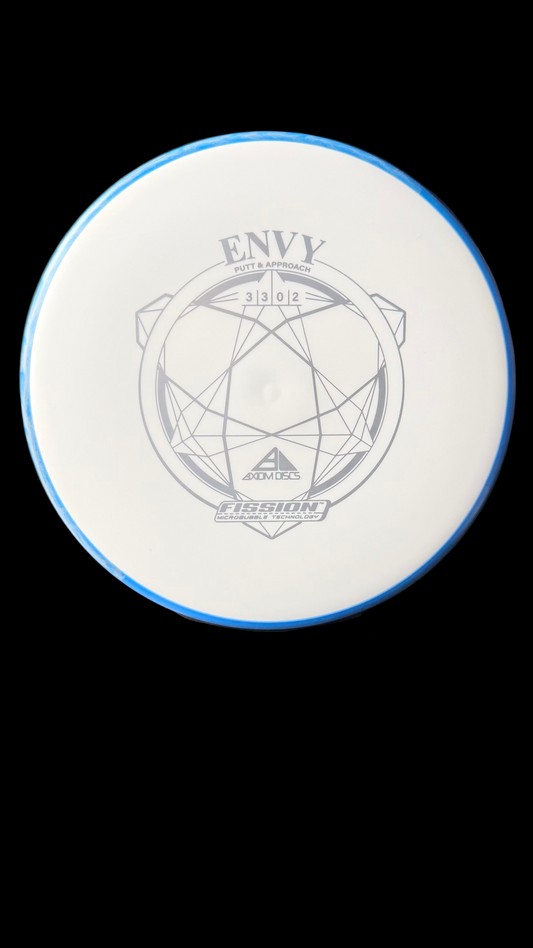 Axiom Envy putter in white Fission plastic with blue rim and light grey geometric stamp.