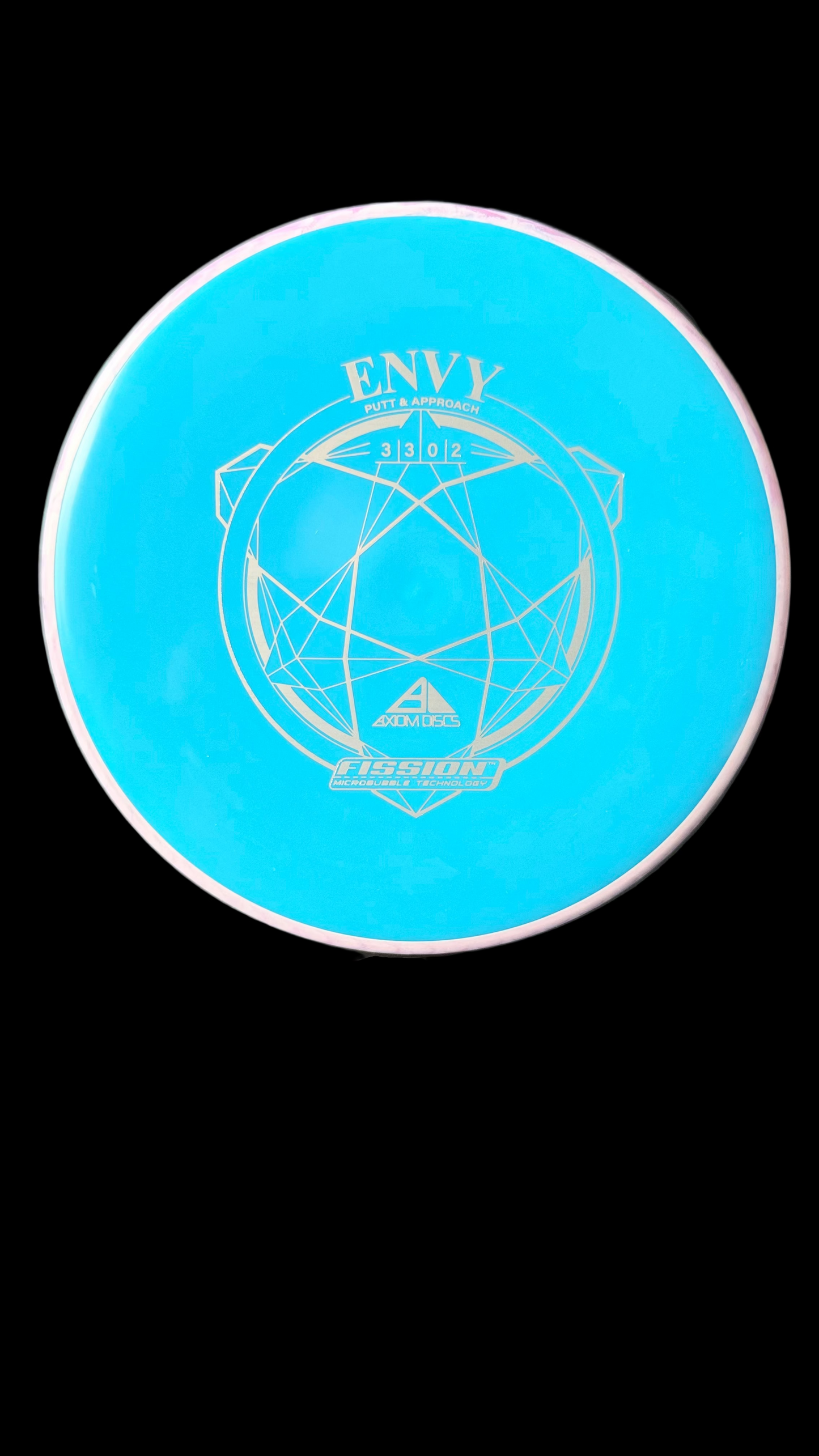 Axiom Envy putter in bright blue Fission plastic with pale pink rim and light grey geometric stamp.
