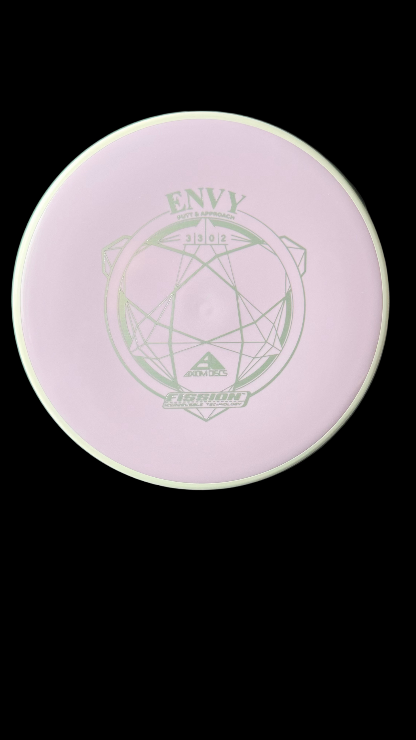 axiom Envy putter in pastel lavender Fission plastic with white rim and light grey geometric stamp