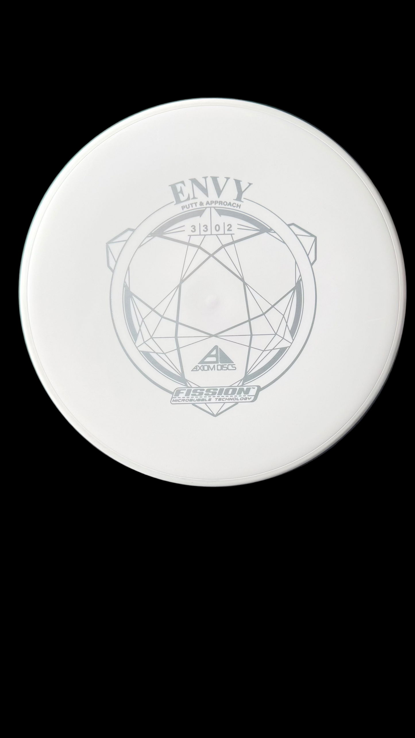 Axiom Envy putter in white Fission plastic with light grey geometric stamp.