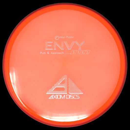 Axiom Electron Envy soft putter disc in translucent coral orange, top view showing flight ratings 3|3|0|2 and Axiom Discs logo
