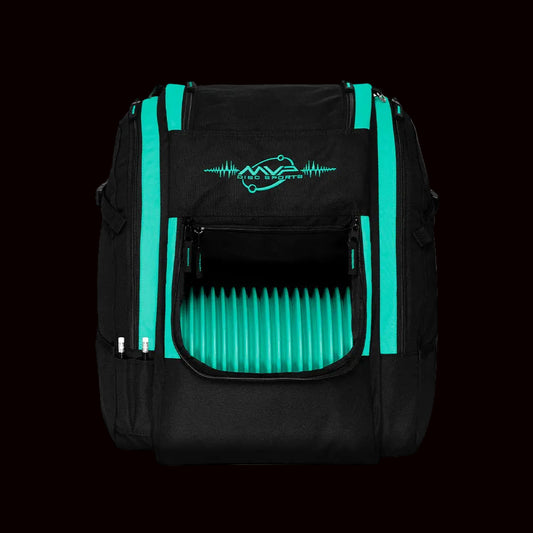 MVP Voyager Lite disc golf backpack in teal and black with front disc compartment holding teal discs, padded shoulder straps, and multiple storage pockets