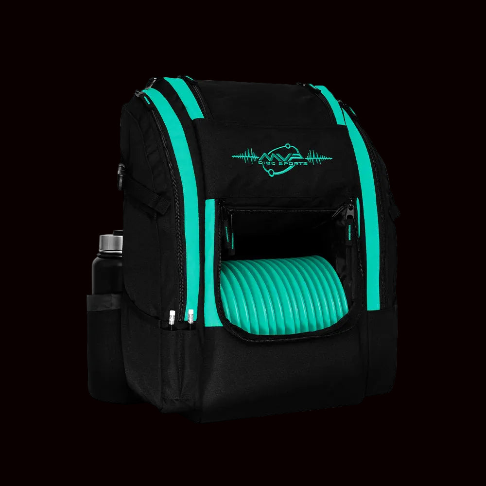 MVP Voyager Lite disc golf backpack in teal and black with front disc compartment holding teal discs, padded shoulder straps, and multiple storage pockets