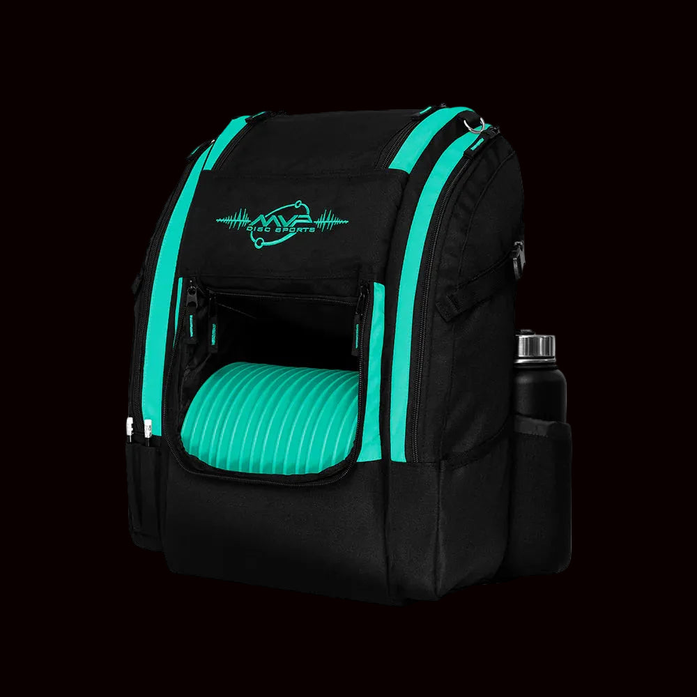 MVP Voyager Lite disc golf backpack in teal and black with front disc compartment holding teal discs, padded shoulder straps, and multiple storage pockets