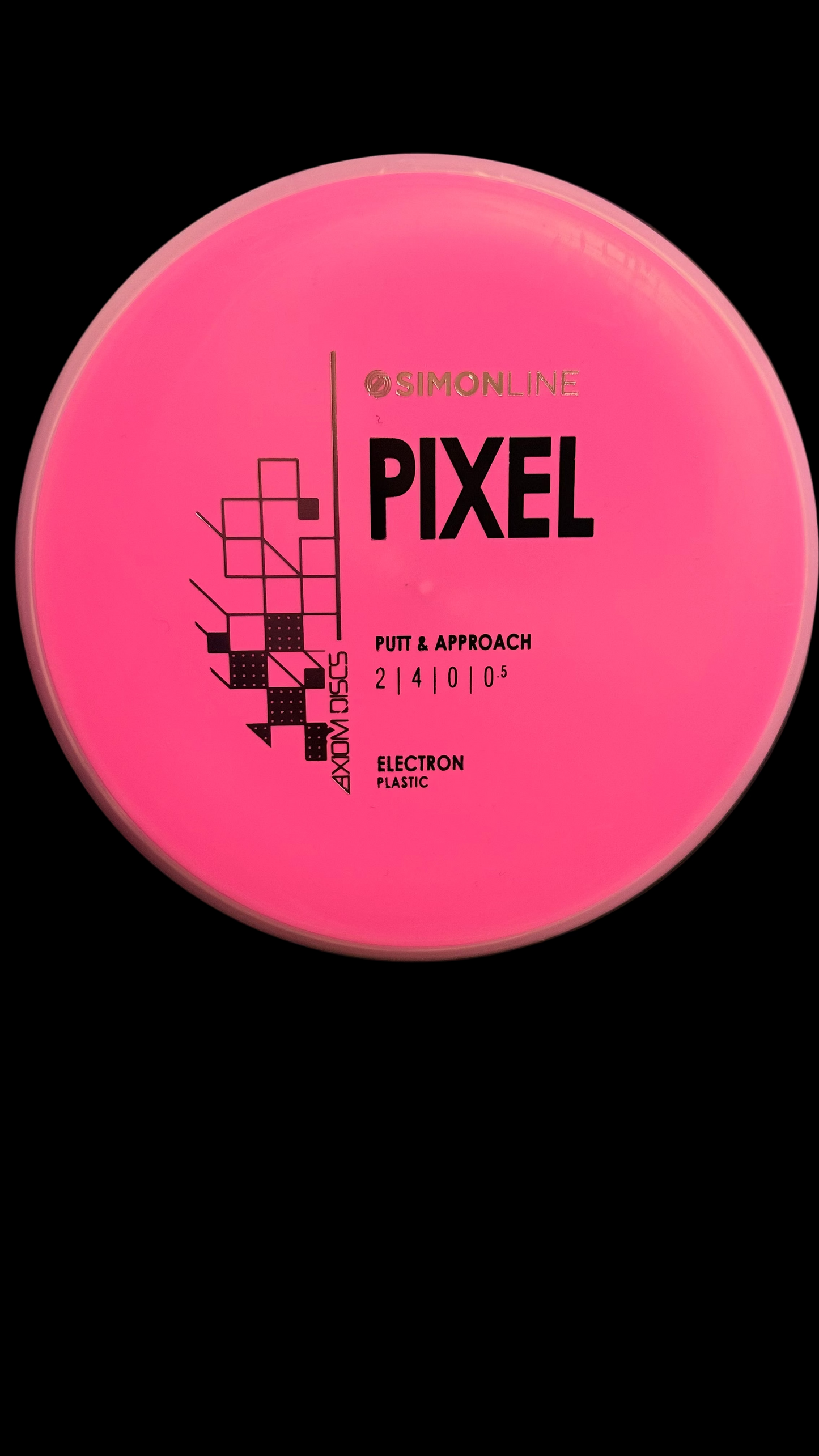 Axiom simonline Pixel putter disc in opaque bubblegum pink, top view showing flight ratings 2|4|0|0.5 and Electron plastic stamp
