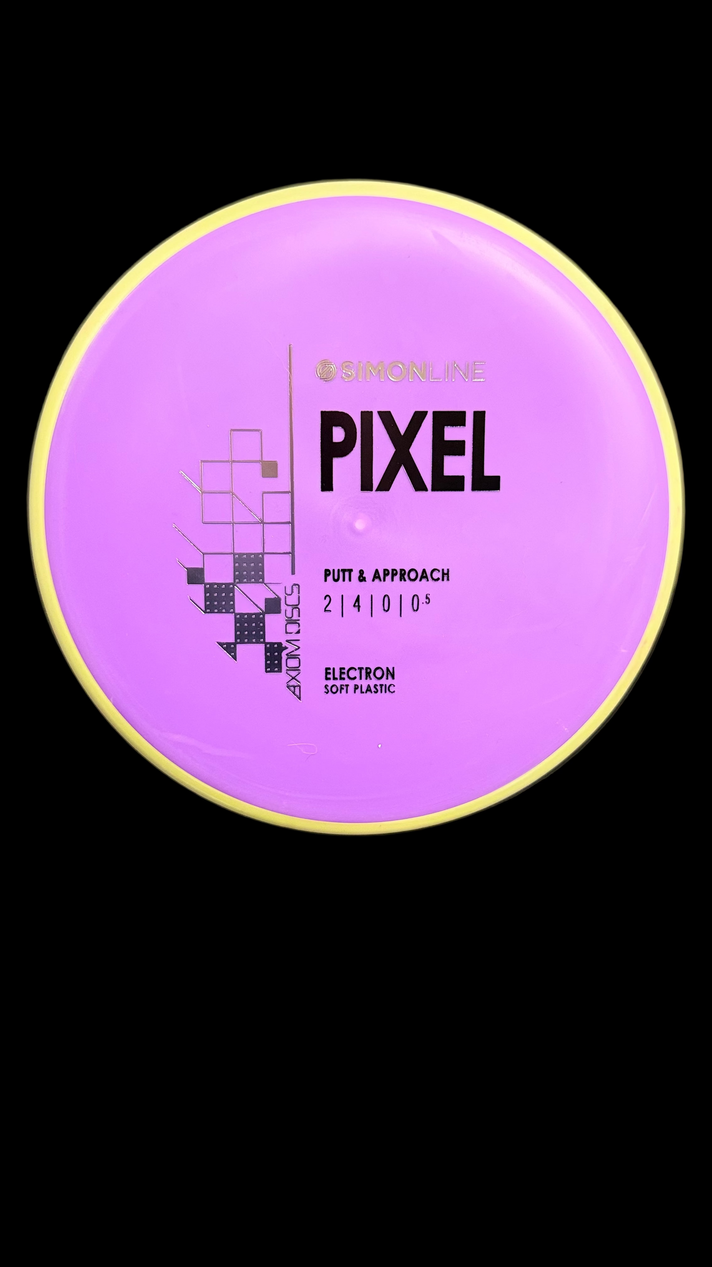 Streamline Pixel putter disc in opaque purple with yellow rim, top view showing flight ratings 2|4|0|0.5 and Electron Soft plastic stamp
