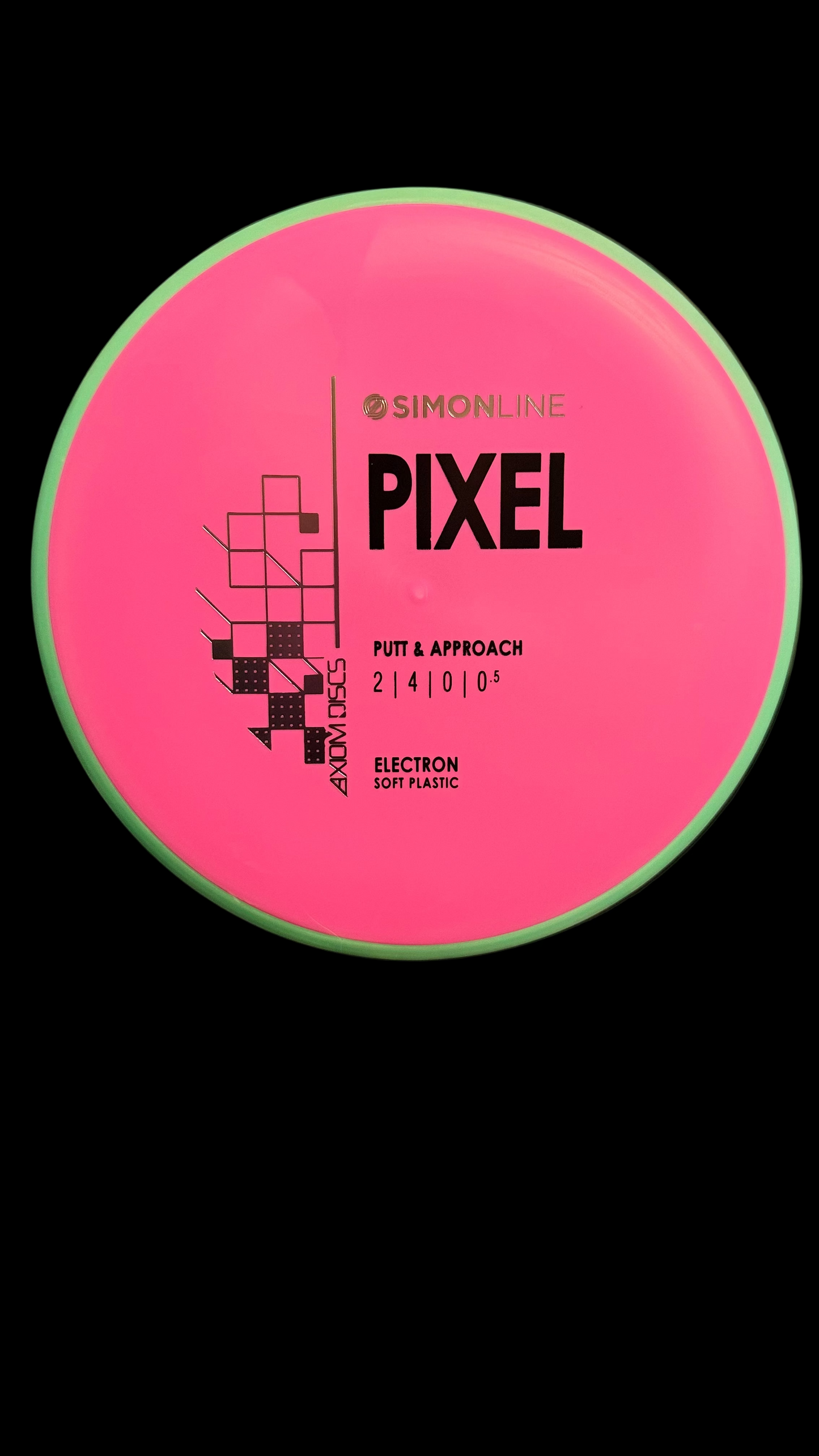 Axiom Pixel Simon Line putter disc in opaque pink with mint green rim, top view showing flight ratings 2|4|0|0.5 and Electron Soft plastic stamp

