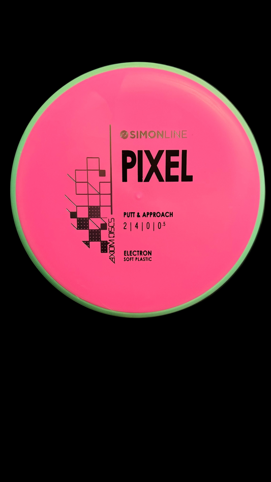 Axiom Pixel Simon Line putter disc in opaque pink with mint green rim, top view showing flight ratings 2|4|0|0.5 and Electron Soft plastic stamp
