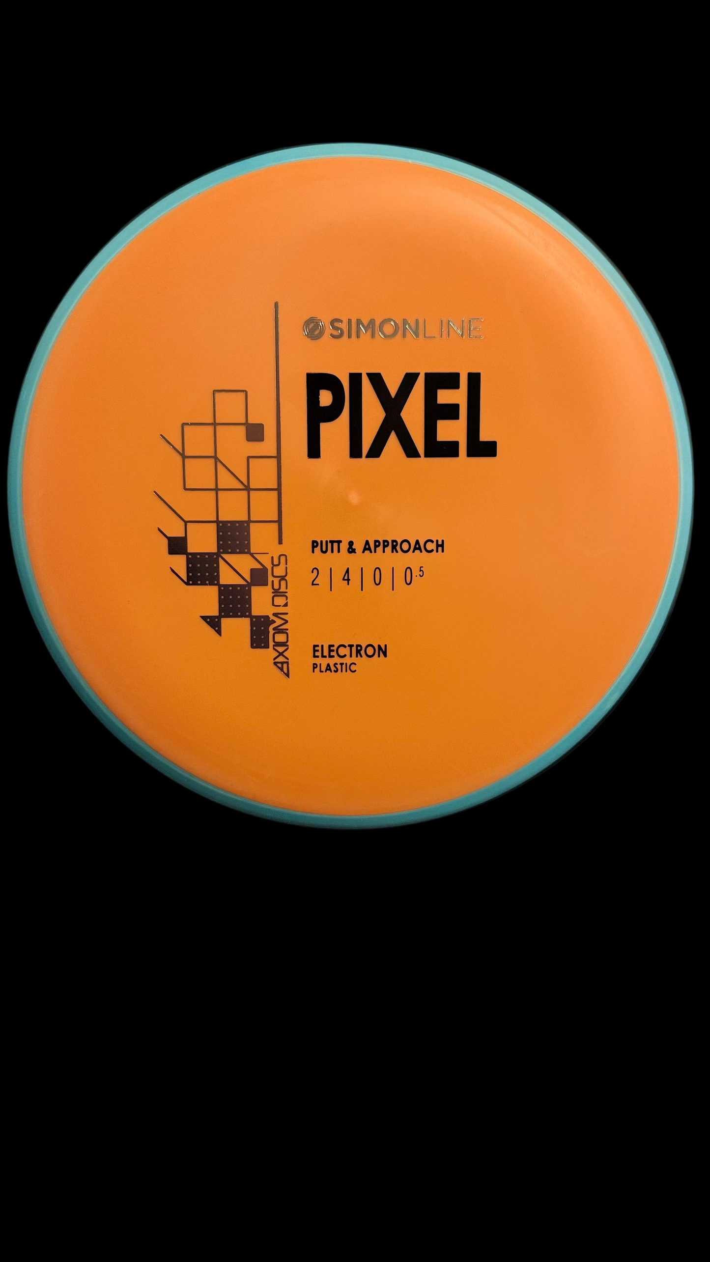 Axiom SimonLINE Pixel putter disc in opaque peach orange with light blue rim, top view showing flight ratings 2|4|0|0.5 and Electron plastic stamp
