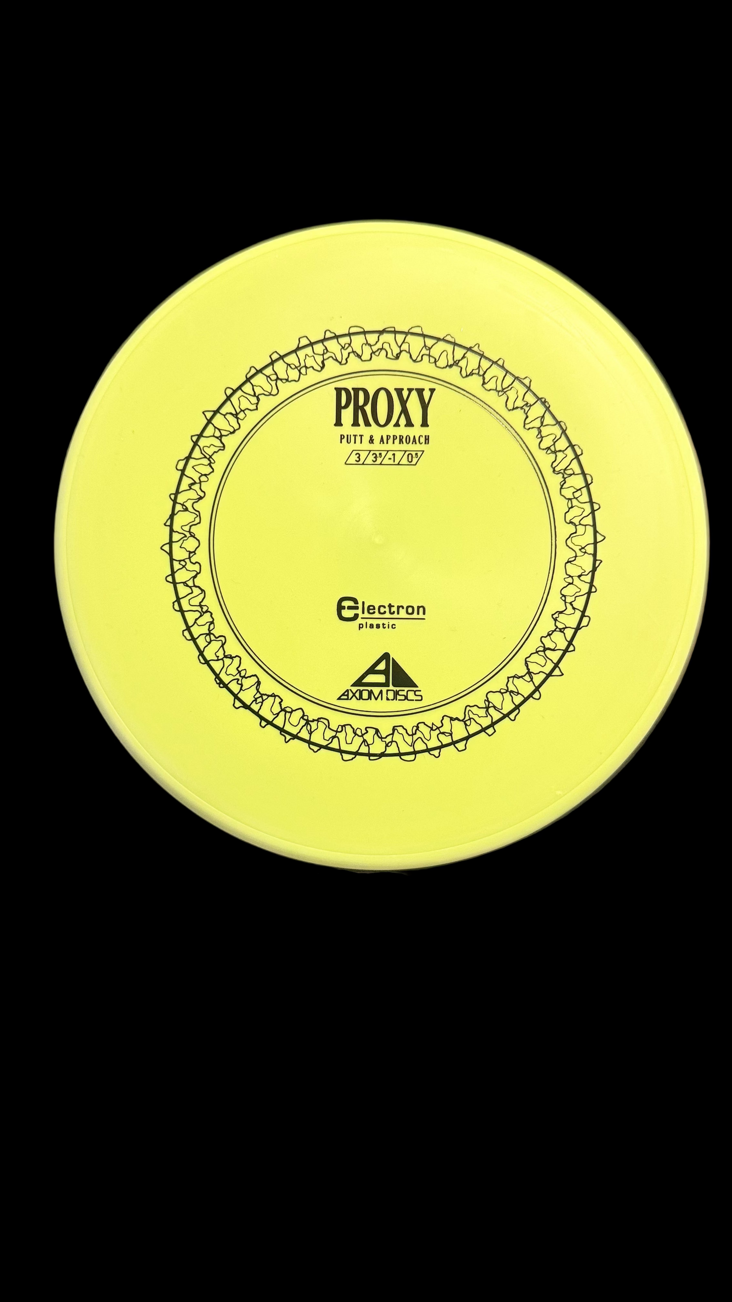 Axiom Proxy Electron putt and approach disc with a yellow flight plate.